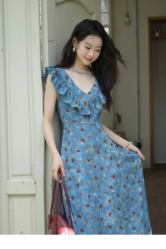 V-Neck Ruffled Midi Floral Dress