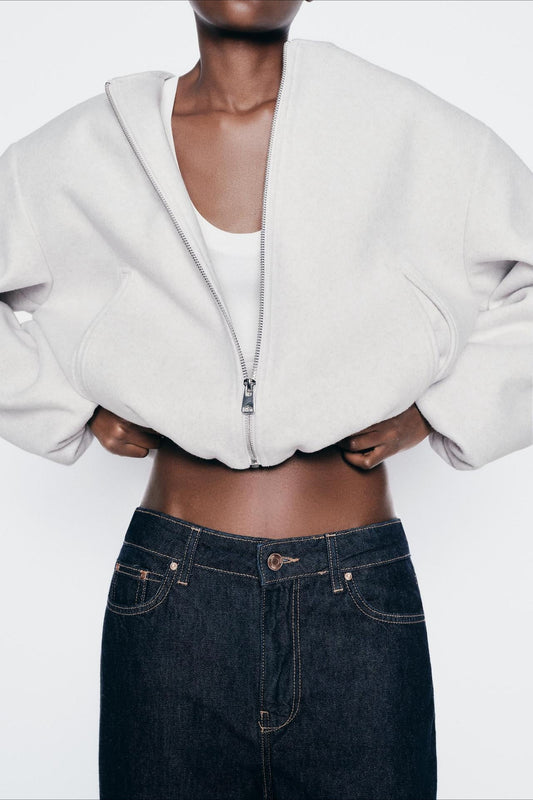 Faux Wool Short Zip Bomber Jacket