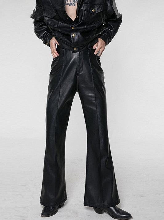Spring Autumn Black Leather Flare High Waist Retro Bottom
