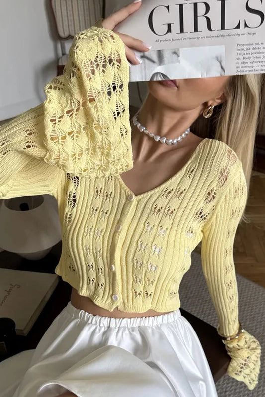Slim Hollow Knit V Neck Button Cardigan