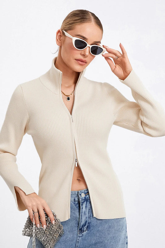 Ribbed Knit Zip-Up Stand Collar Cardigan