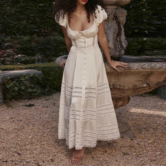 French Vintage Lace Trim A-line Women Square Collar Puff Sleeve Button Up Maxi Dress
