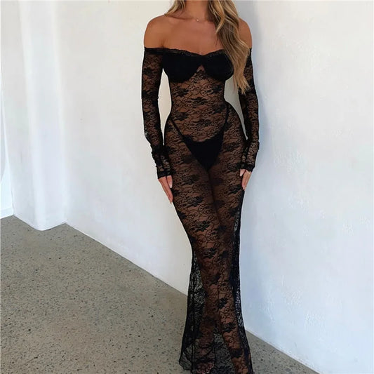 FashionSierra - Women���s Slim Long Dress Sheer Lace Flower See Through Long-sleeve Off Shoulder Maxi Dress
