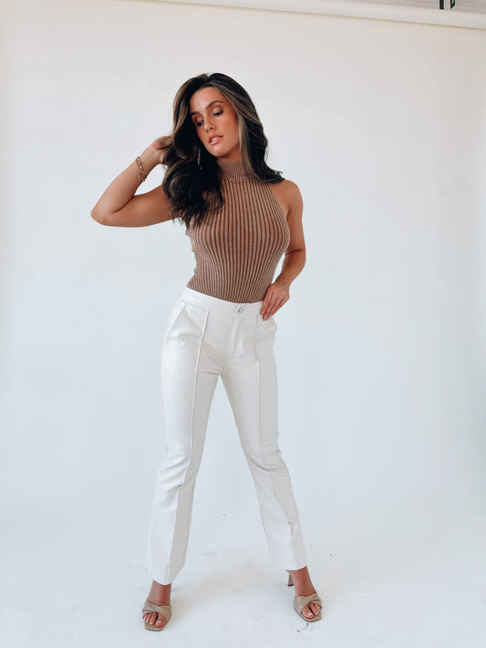 Ribbed Sleeveless Bodysuit in Tan