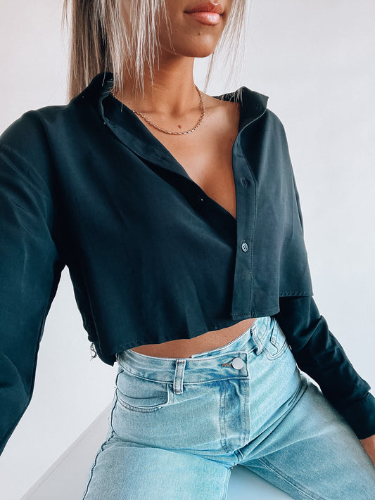 SALE :Black Cropped Button Down