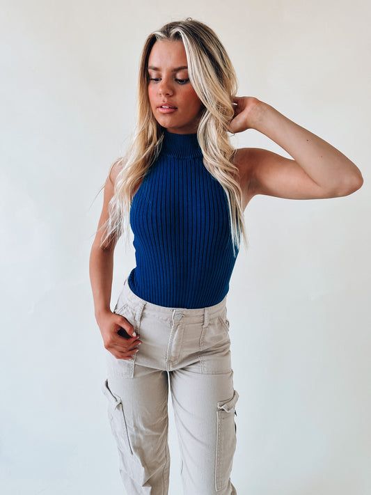 Ribbed Sleeveless Bodysuit In Navy