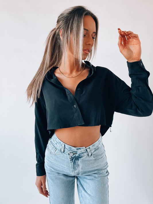 SALE :Black Cropped Button Down
