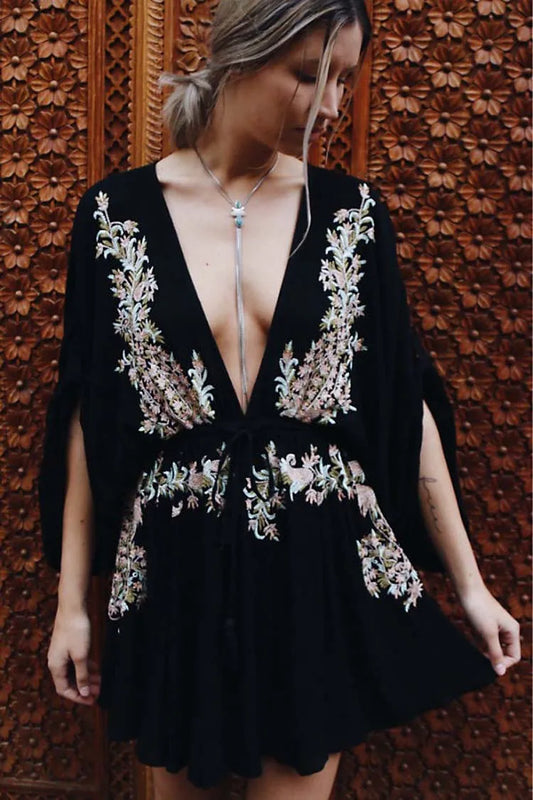 FashionSierra-New Floral Embroidery 2025 Summer Vintage Sexy Beach Deep V-neck Long Sleeve Party Boho Dress