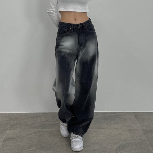 New Fashion Smudge Style Contrast Color Jeans Vintage Pocket Loose Wide Leg Pants Women Denim Trousers Boyfriend Baggy Jeans