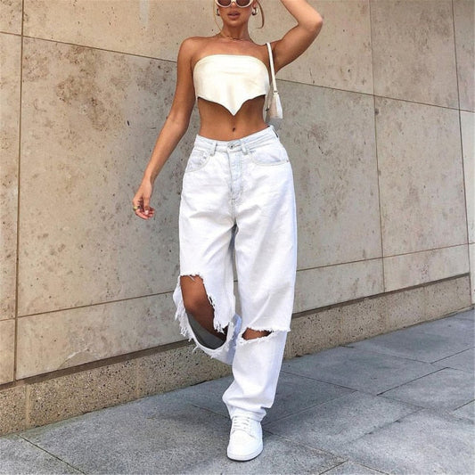 High Waist Hole Ripped White Jeans Women Y2k Vintage 90s Denim Straight Pants Streetwear Hollow Boyfriend Baggy Denim Trousers
