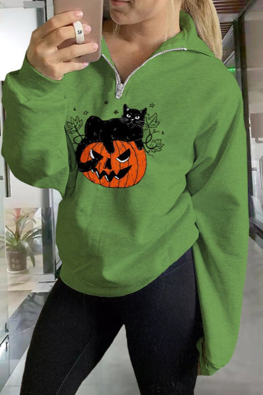 Halloween Pumpkin Cat Print Cotton Hoodie