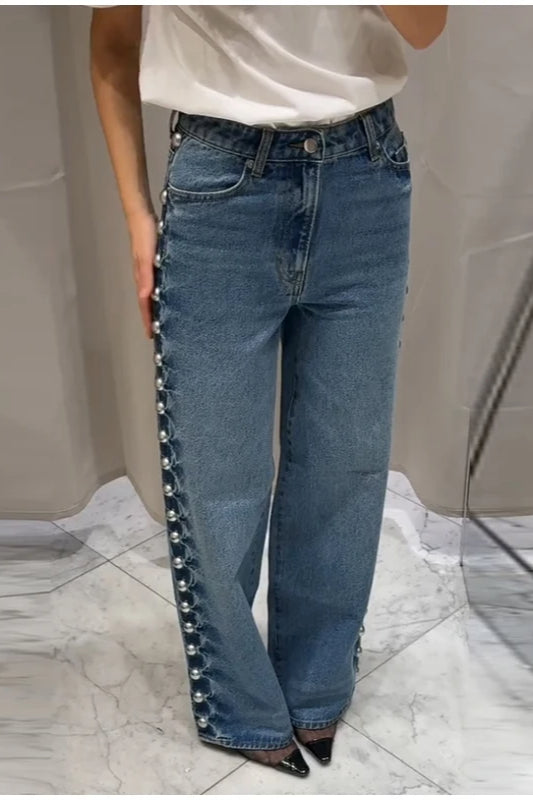 Beaded High Waist Straight Leg Jeans