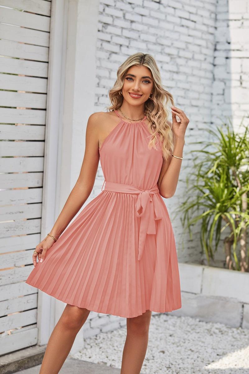 Halter Strapless Dresses For Women Solid Pleated Skirt Summer Beach Sundress - Trendha