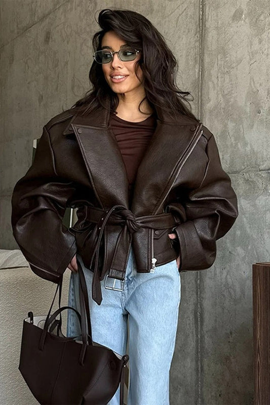 Cinched Waist Zipper Biker Jacket