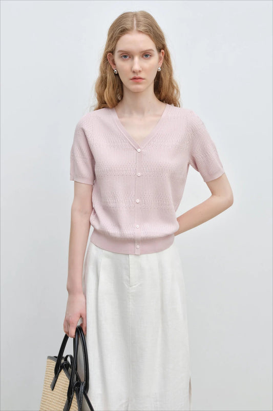 French Knit V-Neck Short Sleeve Cardigan