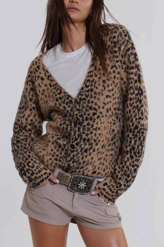 Vintage Leopard Print V Neck Sweater
