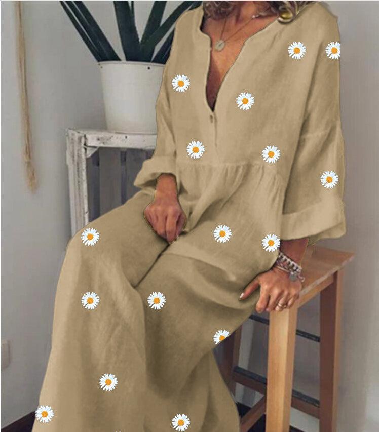 Daisy Print Long Sleeve Loose Dress - Trendha