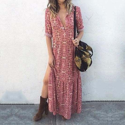 Printed long-sleeved split maxi dress - Trendha