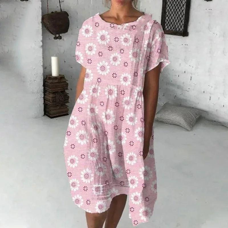 Charming Sunflower Print Dress in Cotton Blend for Women - Trendha