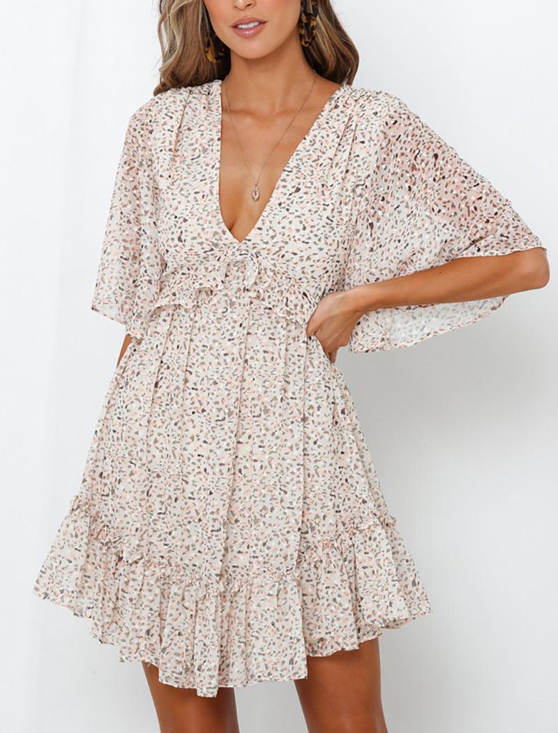 V-neck chiffon short sleeve printed dress - Trendha