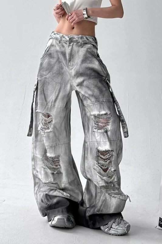 Washed Ripped Wide Leg Jeans