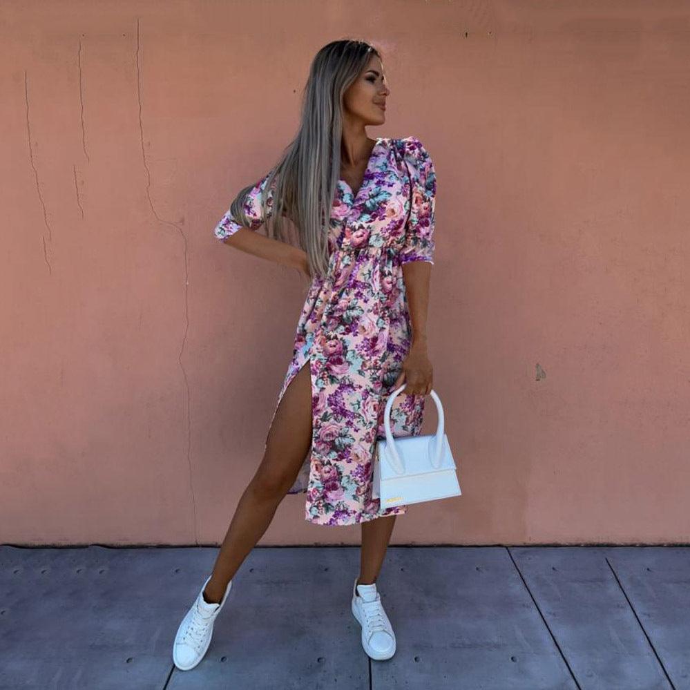 Fashion Loose Mid Sleeve V Neck Waist Print Dress - Trendha