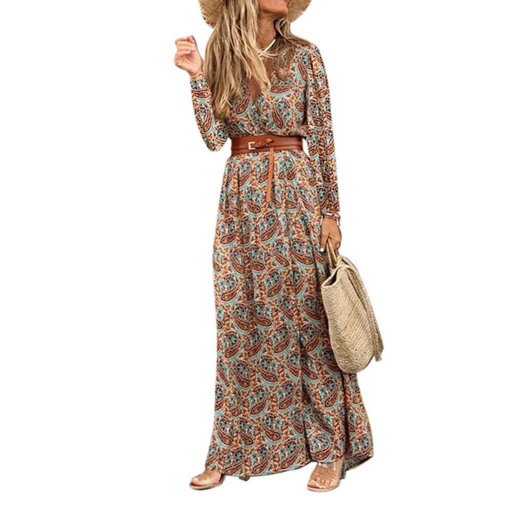 Long Sleeve V-neck Bohemian Floral Dress - Trendha