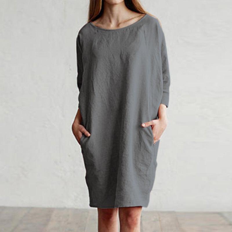 Cotton and linen stitching round neck pocket dress - Trendha