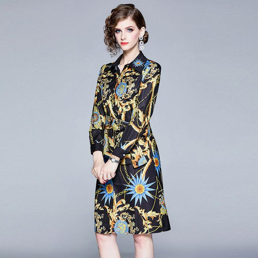 Vintage Lapel Tie Printed Single Breasted Dress