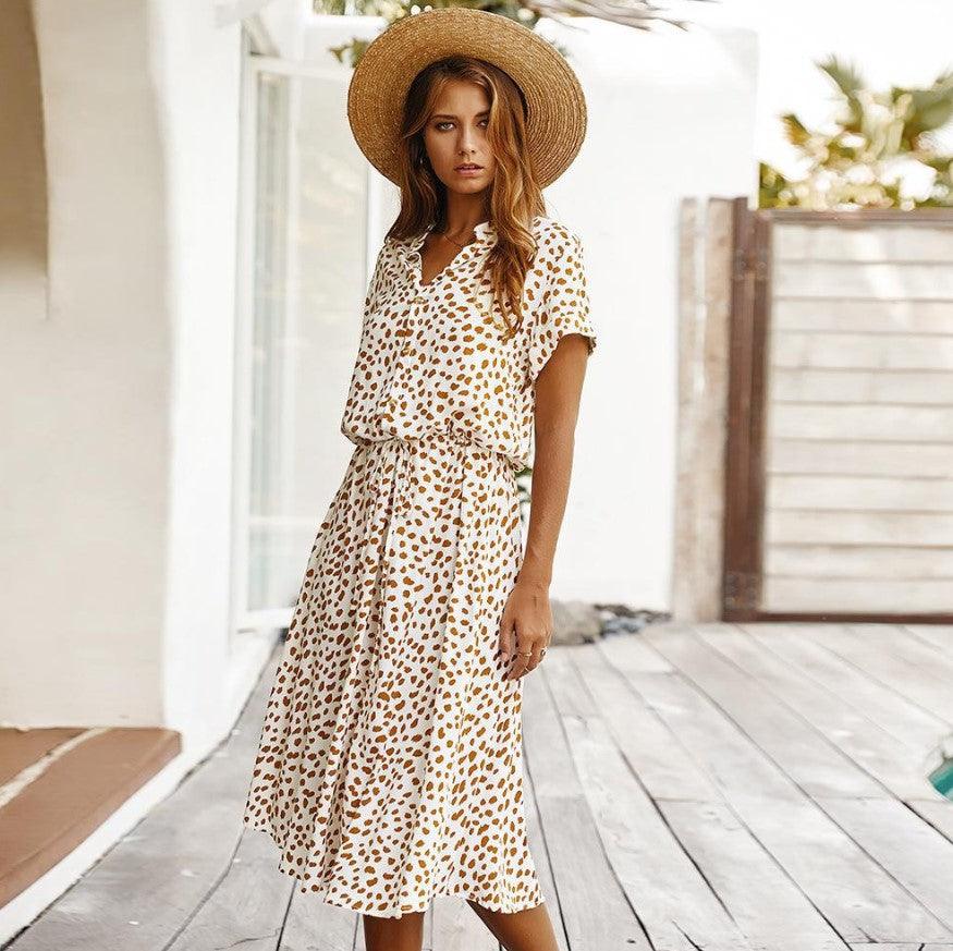 Short-sleeved lace casual elastic waist cotton floral dress - Trendha