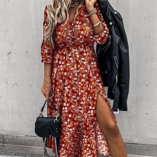 Blue split floral V-neck button long skirt - Trendha