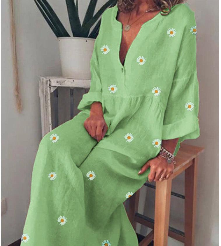 Daisy Print Long Sleeve Loose Dress - Trendha