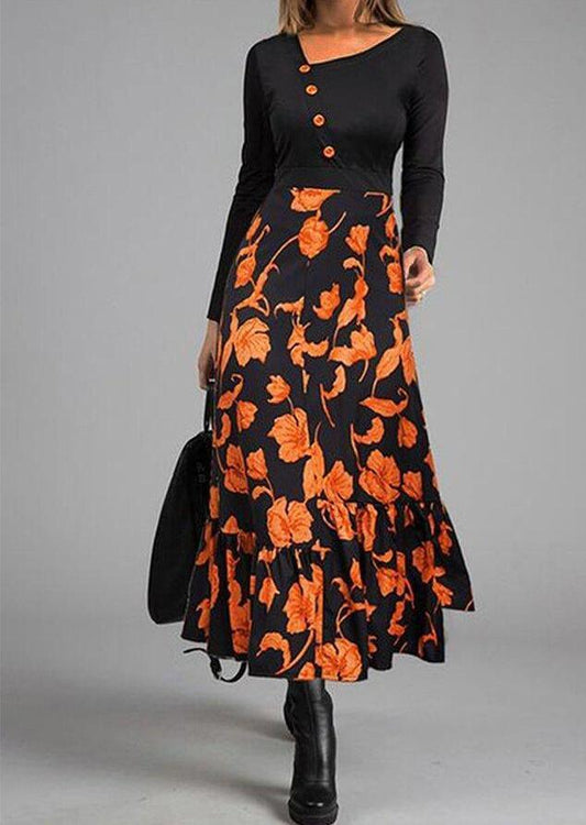 Elegant Patchwork Button Slim Waist Party Dress Retro Floral Print Long Sleeve Boho Dress Women Diagonal Collar Maxi Dress - Trendha