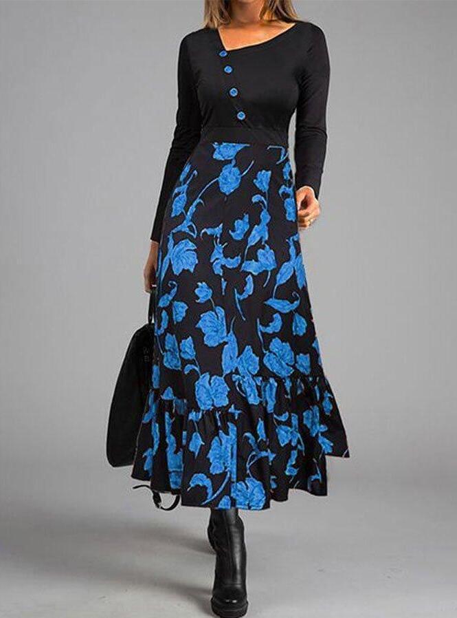 Elegant Patchwork Button Slim Waist Party Dress Retro Floral Print Long Sleeve Boho Dress Women Diagonal Collar Maxi Dress - Trendha