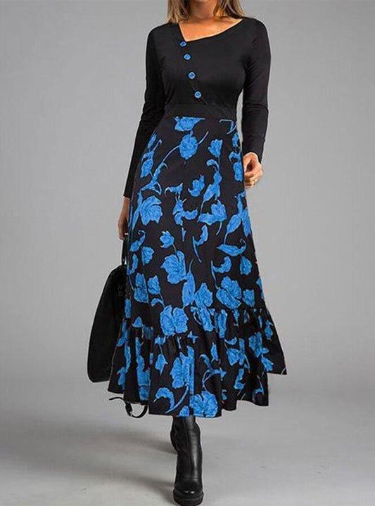 Elegant Patchwork Button Slim Waist Party Dress Retro Floral Print Long Sleeve Boho Dress Women Diagonal Collar Maxi Dress - Trendha