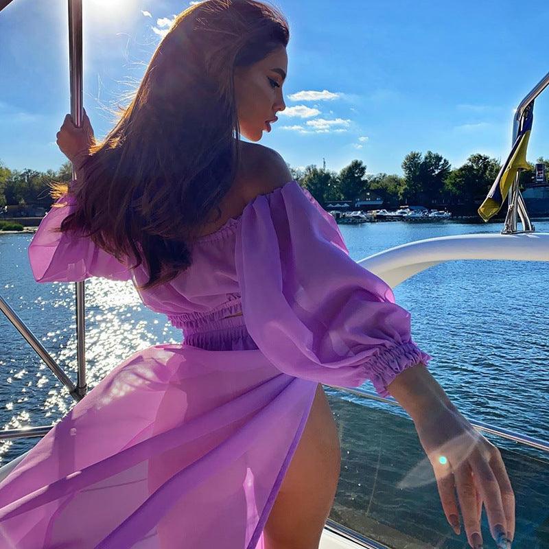 Long Sleeve Beach Dress Two-Piece Solid Color - Trendha