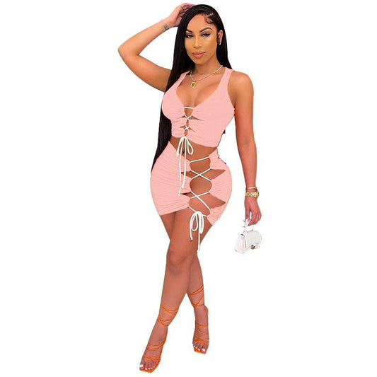 Hot Selling Color Ruffled Tie Sexy Drawstring Vest Dress - Trendha