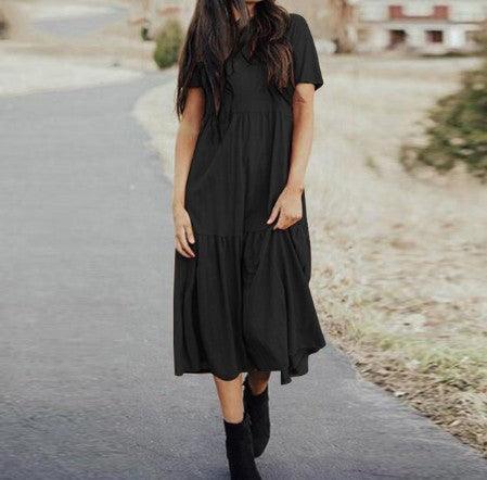 Round Neck Loose Big Swing Long Dress - Trendha