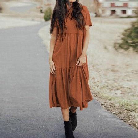 Round Neck Loose Big Swing Long Dress - Trendha