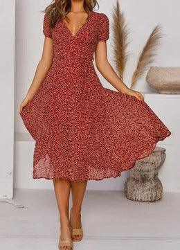Printed V-Neck Short-Sleeved Lace-Up Dress - Trendha