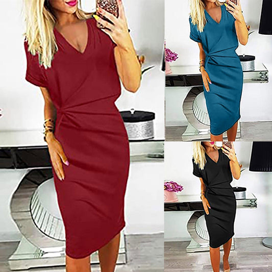 Fashion Solid Color Casual Twist V Neck Short Sleeve Skirt Women