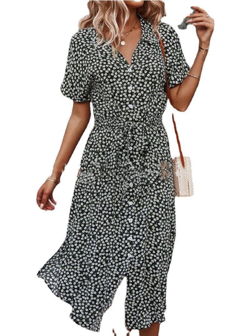 2021 New Floral Print Lapel Button Knotted Short Sleeve Dress - Trendha