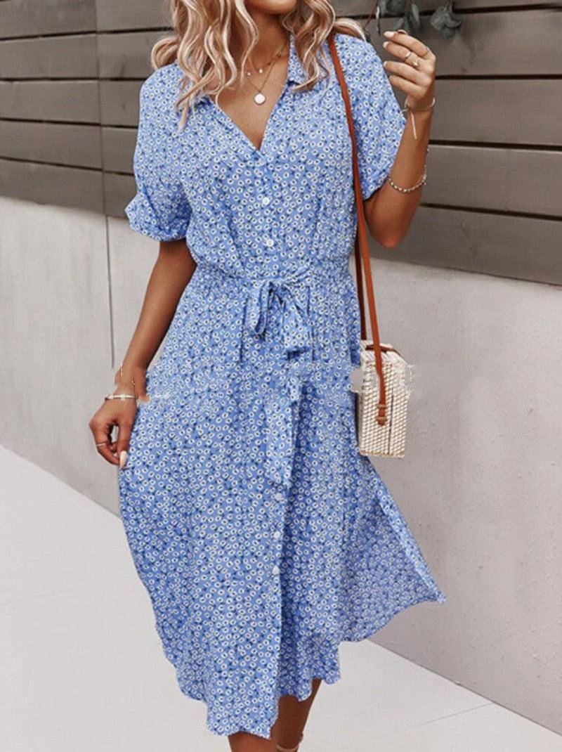 2021 New Floral Print Lapel Button Knotted Short Sleeve Dress - Trendha