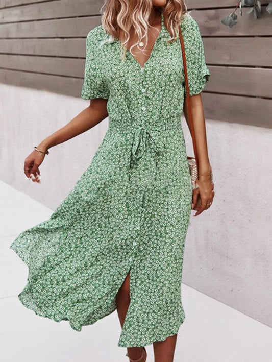 2021 New Floral Print Lapel Button Knotted Short Sleeve Dress - Trendha