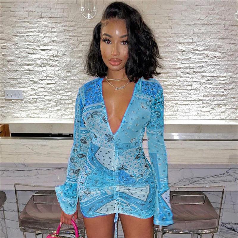 Slim-Fit Hip Dress With Straps Flared Sleeves Sexy Low-cut Adjustable Dress - Trendha