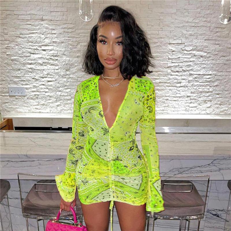 Slim-Fit Hip Dress With Straps Flared Sleeves Sexy Low-cut Adjustable Dress - Trendha