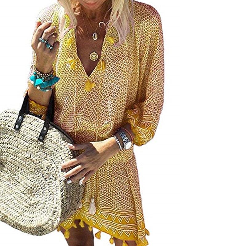Women's Printed Dress V Neck Elastic Waist Fringed Beach Dress - Trendha