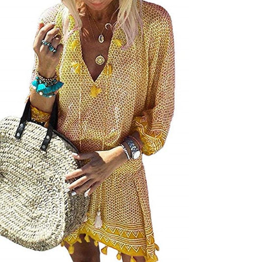 Women's Printed Dress V Neck Elastic Waist Fringed Beach Dress - Trendha