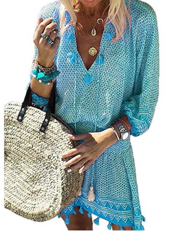 Women's Printed Dress V Neck Elastic Waist Fringed Beach Dress - Trendha