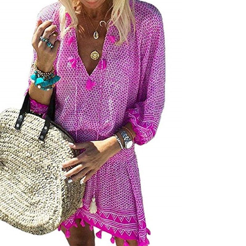 Women's Printed Dress V Neck Elastic Waist Fringed Beach Dress - Trendha